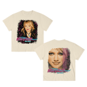 Cream vintage-style Hilary Duff Tour 2004 t-shirt shown front and back with bootleg-style photo graphics
