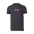 Gray tee back view with small pink three-dot logo below the neckline