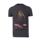 Charcoal grey t-shirt, front view, with a photo of Hilary Duff kneeling in a brown sweater and pink text below