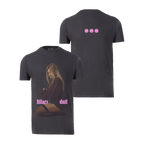 Gray graphic tee with album cover photo and hilary duff text on front, back plain with three-dot logo at neck