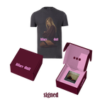 luck … or something signed CD and tee boxset with gray graphic tee, burgundy signed CD box, and pink mailer box