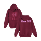Maroon hoodie shown front and back, front has a faded photo graphic, back has hilary duff text
