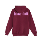 Maroon pullover hoodie, back view, with hilary duff pink text across the upper back