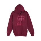 Maroon pullover hoodie, front view, with a faded pink-toned photo graphic on the chest and HD monogram on the cuff