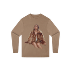 Tan long sleeve t-shirt, front view, with a photo print of Hilary Duff wearing a fur coat