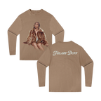 Tan long sleeve tee shown front and back, front has a photo of Hilary Duff in a fur coat, back has hilary duff script