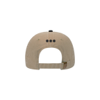 Tan dad hat with black brim, back view showing adjustable strap and back eyelets
