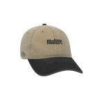 Two-tone dad hat with a washed tan crown, black brim, and mature embroidered on the front panel