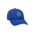 Royal blue dad hat with embroidered HD script logo on front panel, side angle view