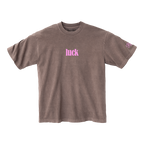 Mauve brown t-shirt front with pink luck text on the chest and a small pink logo on the sleeve