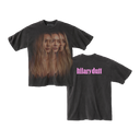 Charcoal grey tee front and back: triple photo print of Hilary Duff on front, pink hilaryduff logo on back