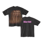 Charcoal grey tee front and back: triple photo print of Hilary Duff on front, pink hilaryduff logo on back