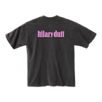 Charcoal grey t-shirt back with pink hilaryduff wordmark printed across the shoulders