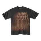 Charcoal grey t-shirt front with a triple overlapping photo print of Hilary Duff's face and shoulders