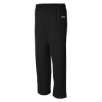 Black sweatpants with pink three-dot logo near the waistband, side view