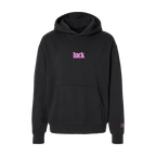 Black hoodie front view with pink luck text on chest and script logo on sleeve cuff
