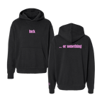 Black hoodie, front and back views showing pink luck and or something text with small sleeve logo