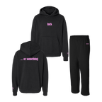 Black hoodie and matching sweatpants sweatsuit set with pink luck or something text and dot logo