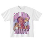 White t-shirt, front view, with a bootleg-style photo collage of Hilary Duff and glittery Hilary Duff text