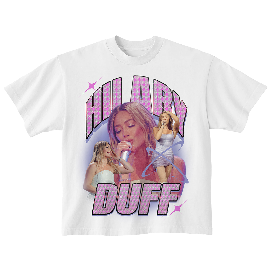 White t-shirt, front view, with a bootleg-style photo collage of Hilary Duff and glittery Hilary Duff text