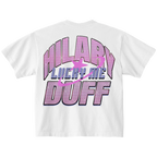White t-shirt, back view close-up of a sparkly pink Hilary Lucky Me Duff glitter graphic