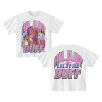 White t-shirt flat lay, front collage photo of Hilary Duff performing and back Hilary Lucky Me Duff glitter logo