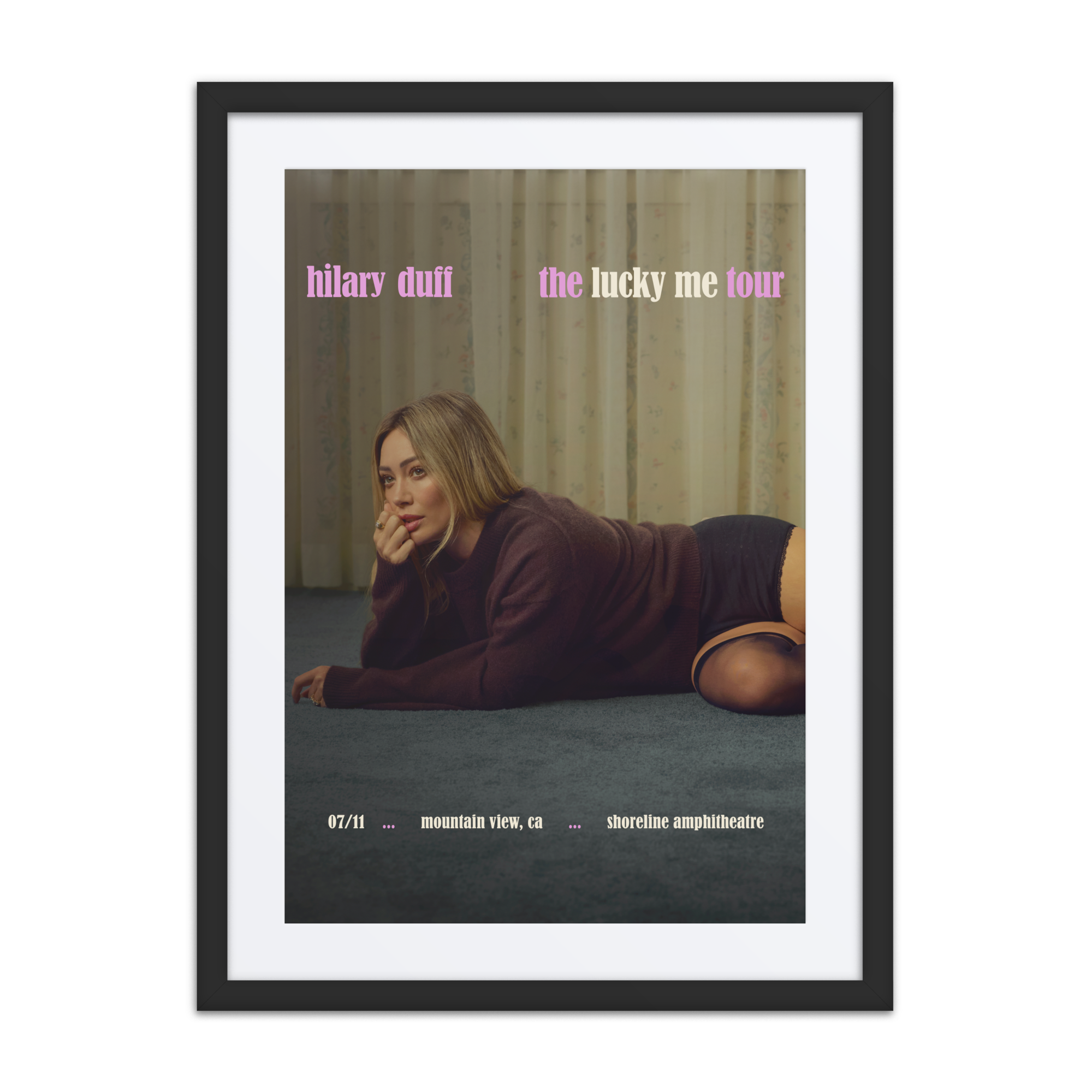 Hilary Duff The Lucky Me Tour poster for Mountain View in a black 18x24 frame with white mat, date and venue at bottom