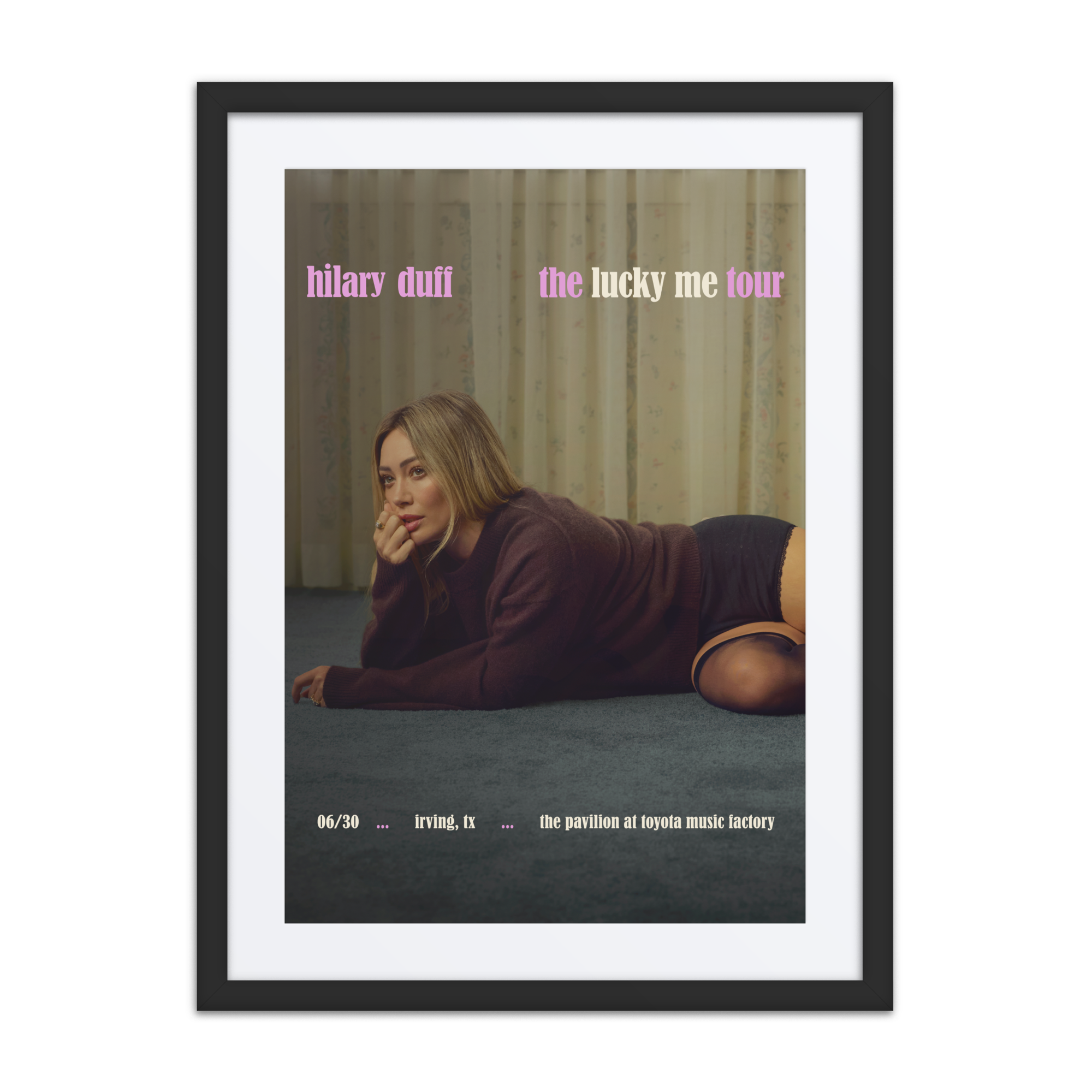 Hilary Duff The Lucky Me Tour poster for Irving in a black 18x24 frame with white mat, date and venue at bottom