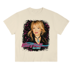 Cream t-shirt, front view, with a vintage-style photo print of Hilary Duff and Hilary Duff Tour 2004 logo