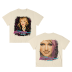 Cream vintage-style Hilary Duff Tour 2004 t-shirt shown front and back with bootleg-style photo graphics